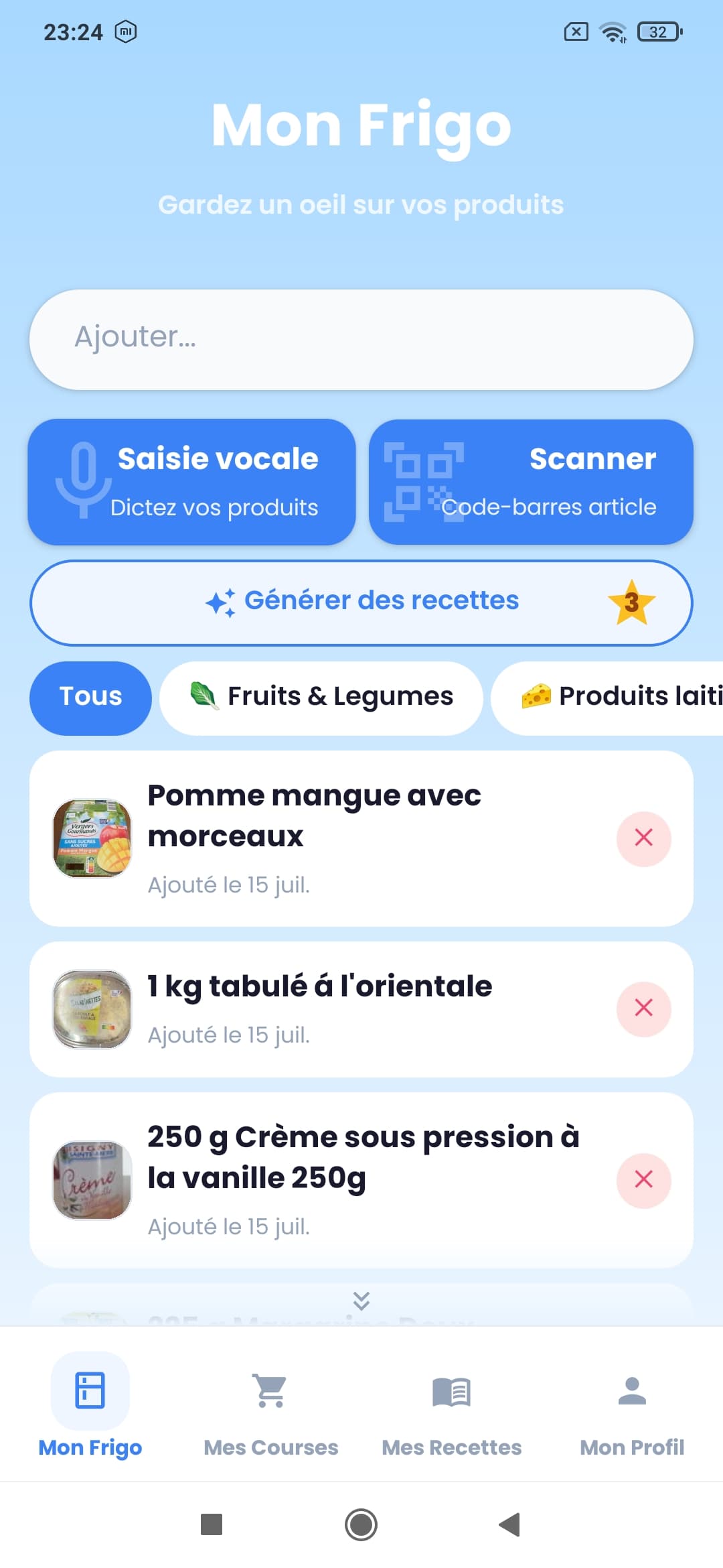 Mon Frigo - inventaire, saisie vocale et scanner