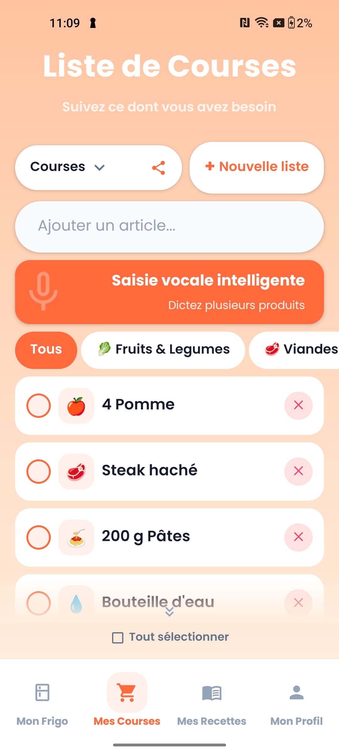 Liste de courses - saisie vocale multi-articles