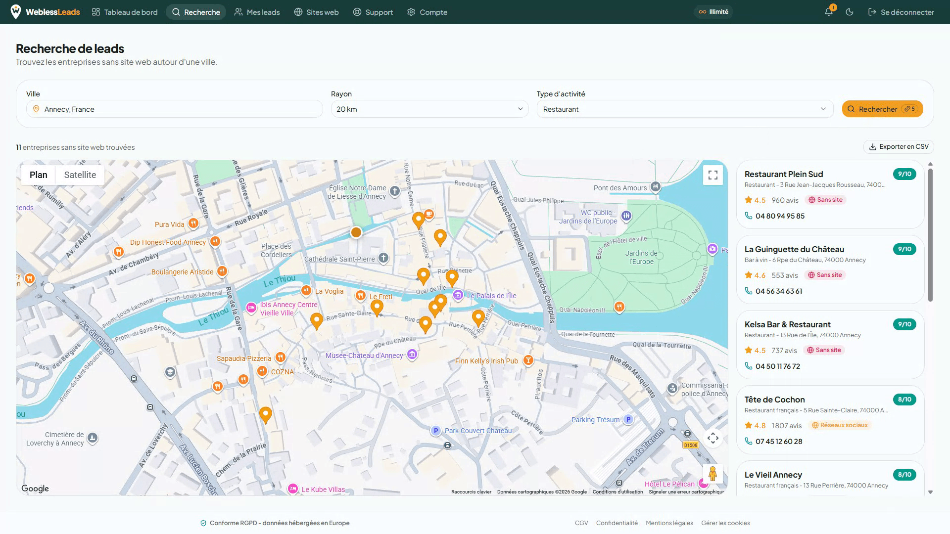 Recherche de leads - carte Google Maps et scoring