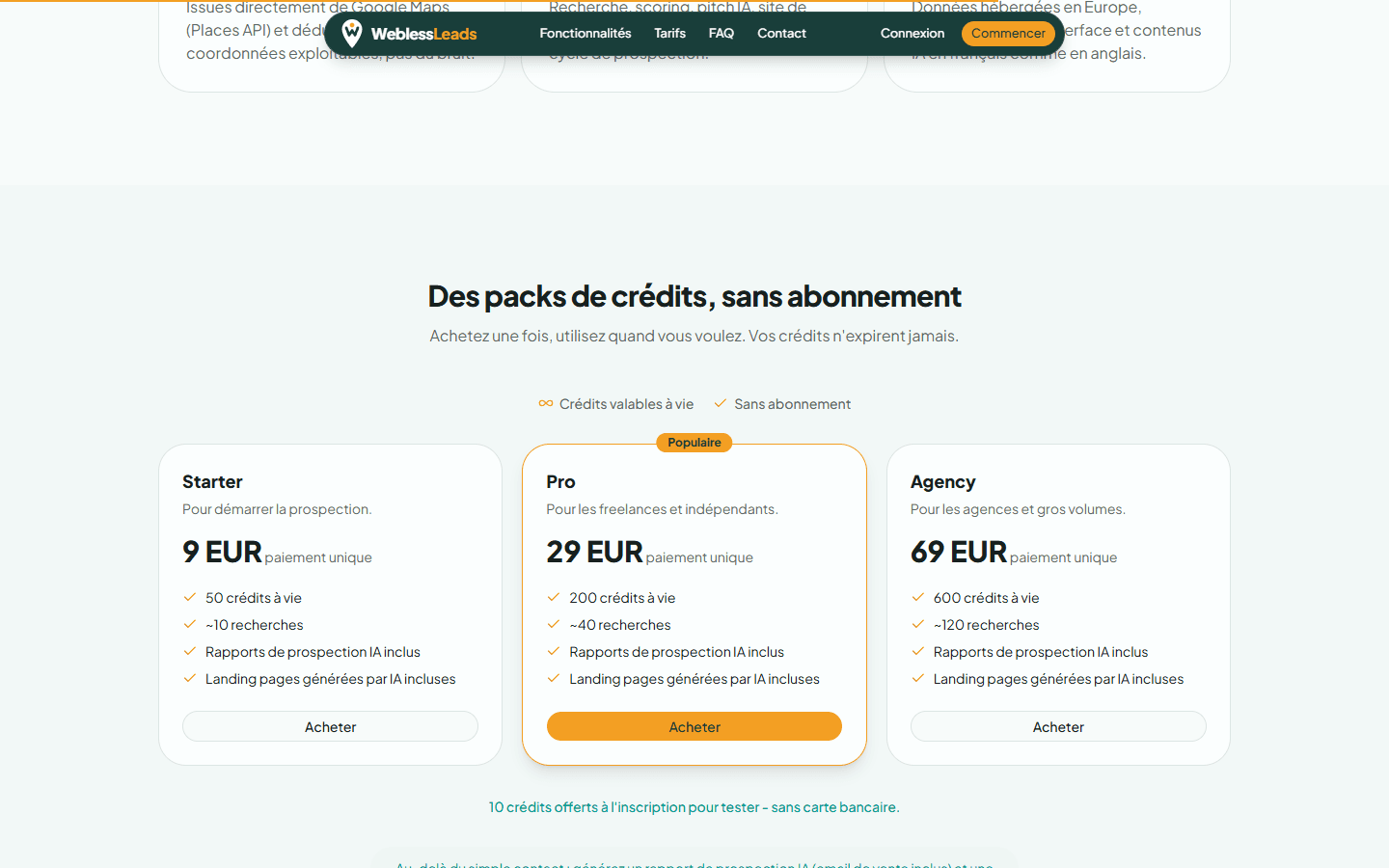 Packs de crédits, sans abonnement