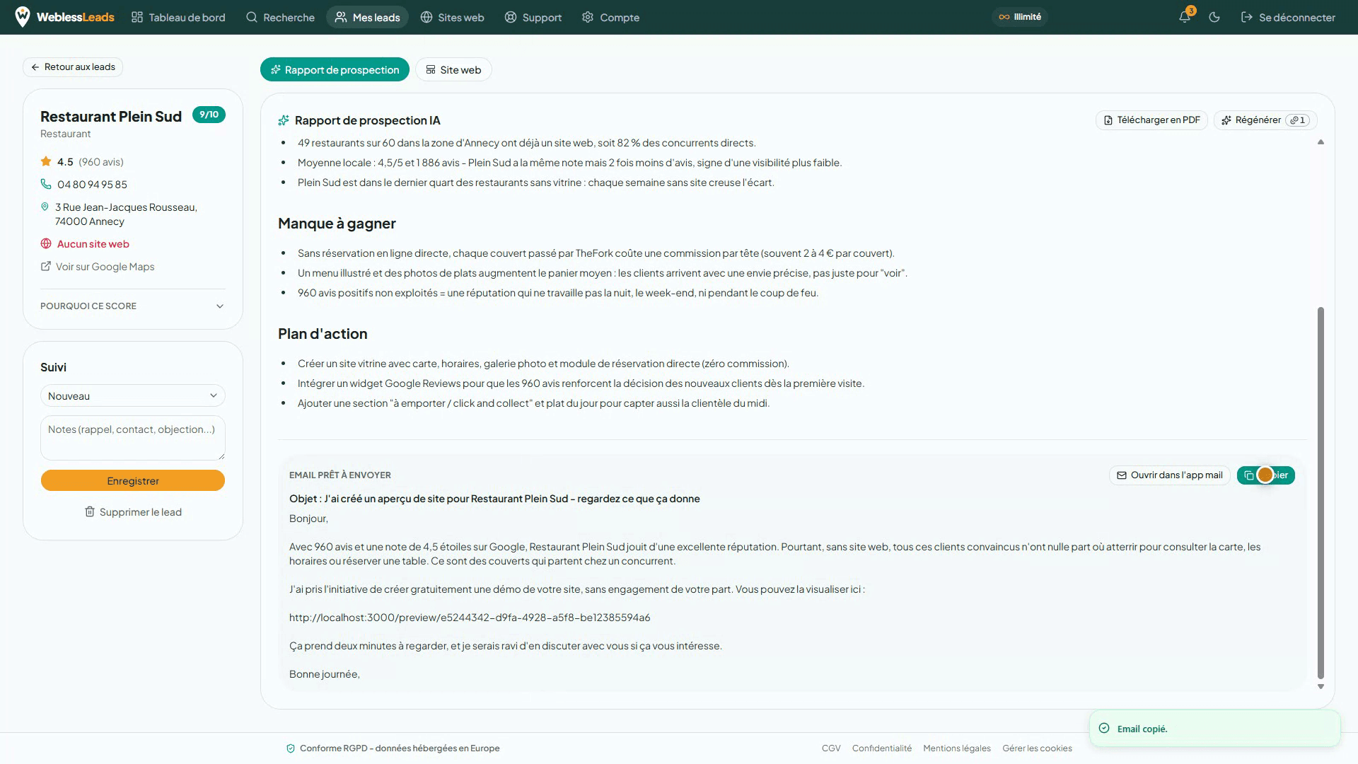 Email de vente généré par l'IA
