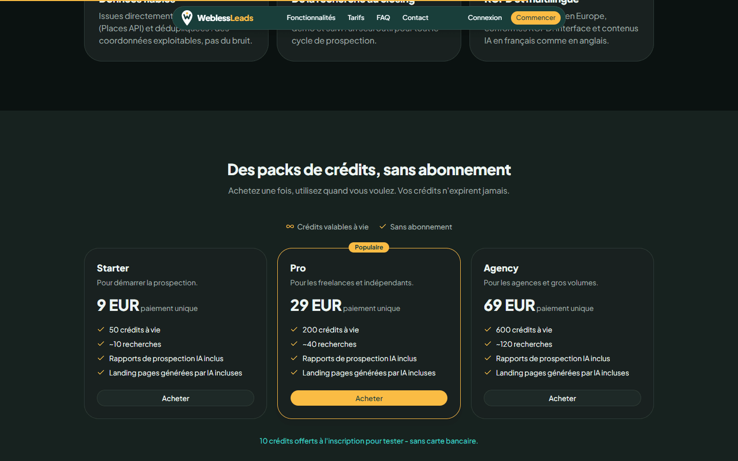 Packs de crédits, sans abonnement